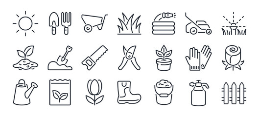 Gardening and flower editable stroke outline icons set isolated on white background flat vector illustration. Pixel perfect. 64 x 64.