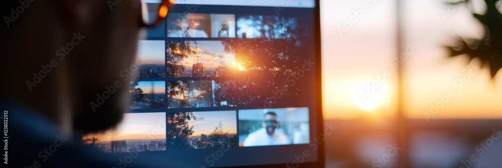 Poster modern remote collaboration multi-screen video call interface on sleek glass surface for professiona