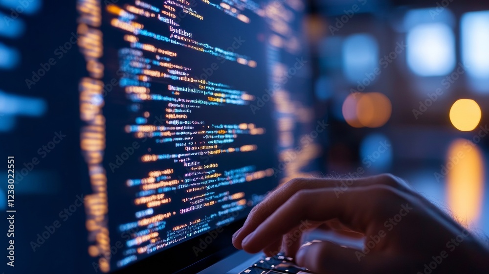 Poster Cutting-Edge Tech Workspace Seamless Code Integration on High-Resolution Monitors in Cybersecurity Hub - Advanced Analytics and Threat Detection for Digital Security Solutions