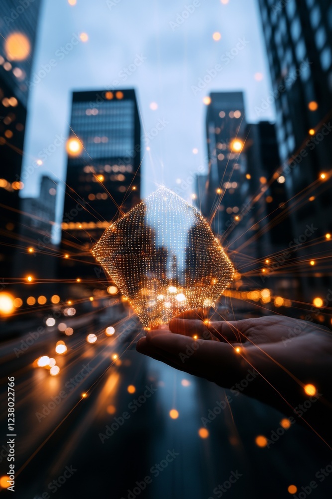 Aufkleber futuristic urban security visualization cybersecurity grid with network nodes overlaying night citys