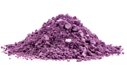 Pile of purple powder forming small hill on transparent background