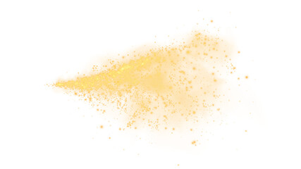 Fantastic yellow smoke background. Yellow spice powder explosion, spice splash, Magic smoke with glitter and small particles, fog with glowing particles, yellow steam. PNG.