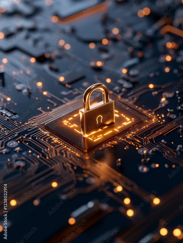 Poster Futuristic Cybersecurity Circuitry Integrated Lock Symbol on Illuminated Circuit Board - Modern Data Protection in Tech Advancements and Digital Infrastructure Security