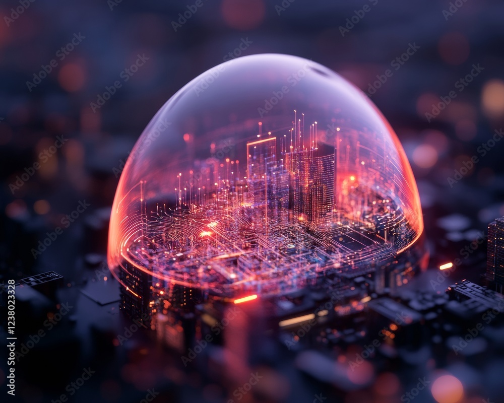 Aufkleber Neon Digital Shield and Network Nodes Cybersecurity Visualization with Holographic Glow - Futuristic Tech Design for Advanced IT Infrastructure Protection
