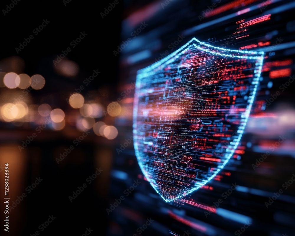 Poster Neon Digital Shield with Network Nodes Futuristic Cybersecurity Graphic for Tech Industry - Enhanced System Protection Visualization and Modern IT Infrastructure Defense