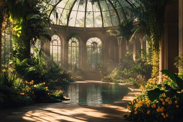 Sunlit greenhouse conservatory with lush tropical plants and reflective pool