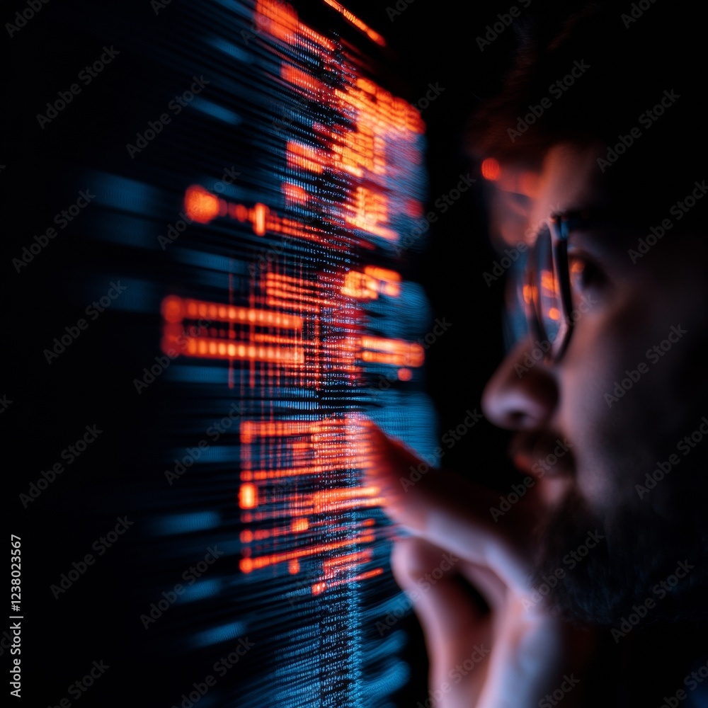 Poster Immersive Tech Interface Close-up of Person with Interactive Digital Display and Data Graphics - Future Workspaces and Enhanced User Engagement in Digital Transformation
