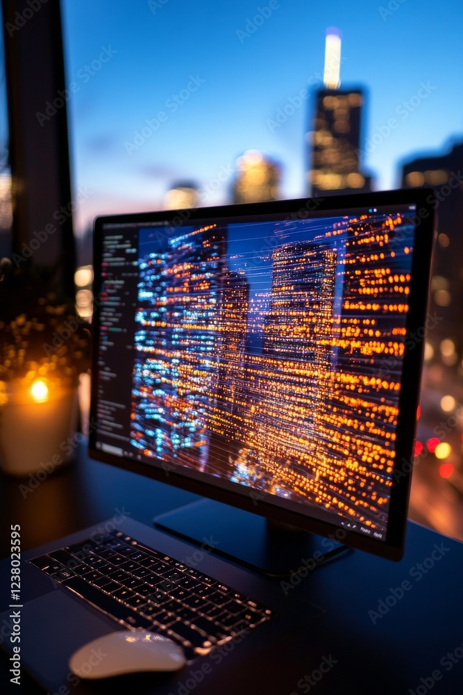 Aufkleber modern tech aesthetic dual monitor workstation with ambient lighting on sleek desk - enhancing digit