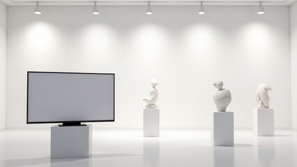 3D TV Mockup on Stand, Art gallery minimalist sculptures spotlighting innovative 3D TV on artistic stand photorealistic
