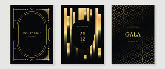 Luxury invitation card background vector. Golden elegant wavy gold line pattern on black background. Premium design illustration for wedding, vip cover template, grand opening, flyer.