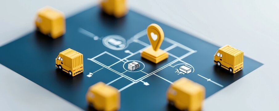 Logistics Network with Delivery Trucks and Location Pin