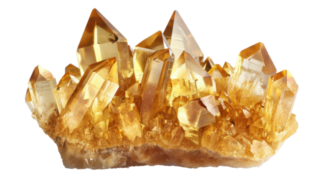 Citrine crystal cluster shining with golden light on transparent background