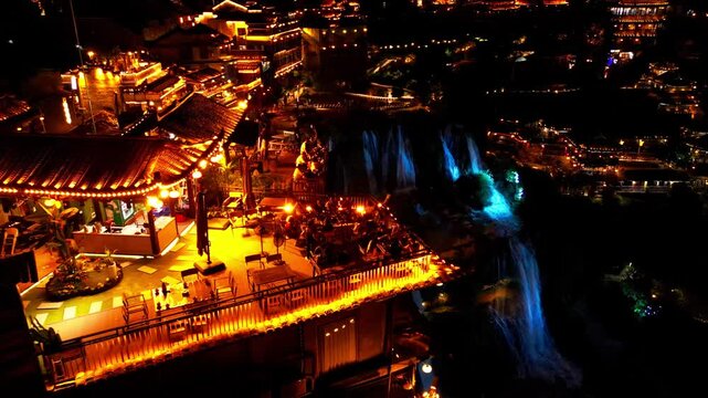 Furong Town, China, Night lights, Water fall