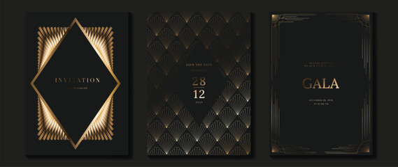 Luxury invitation card background vector. Golden elegant wavy gold line pattern on black background. Premium design illustration for wedding, vip cover template, grand opening, flyer.