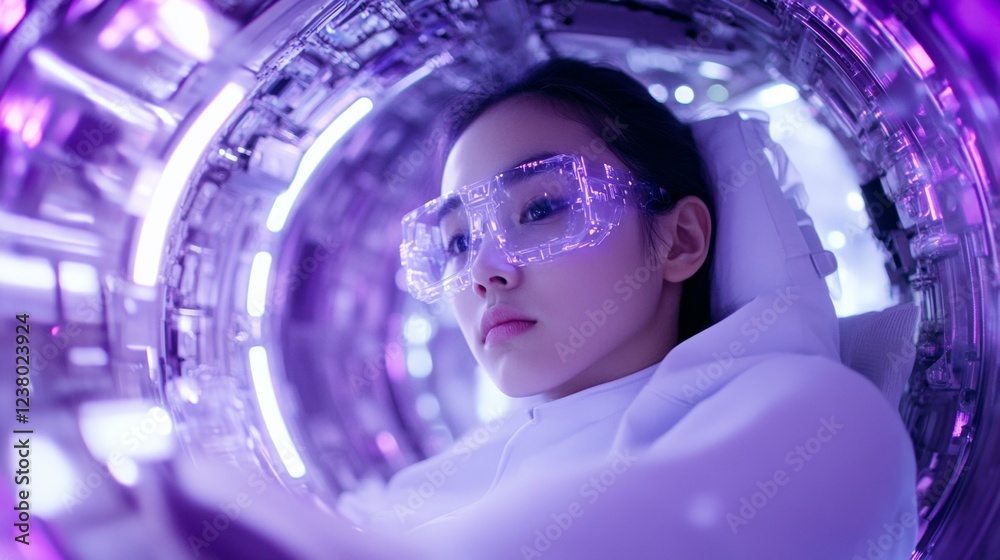 Poster cyberpunk reading pod y2k chrome metallic space with asian teen - futuristic tech deco and ambient l