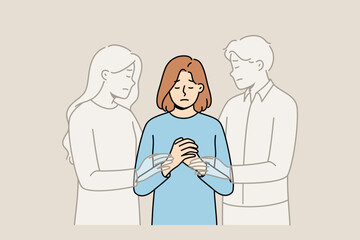 Souls of dead parents support older girl, who is orphan due to death of loved ones in disaster. Souls mom and dad stand near praying lady, feeling grief after accident that caused long-term depression