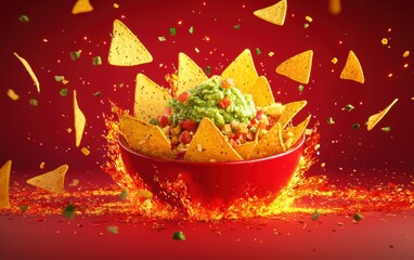 Flying bowl of nachos with guacamole explosion on a fiery red background