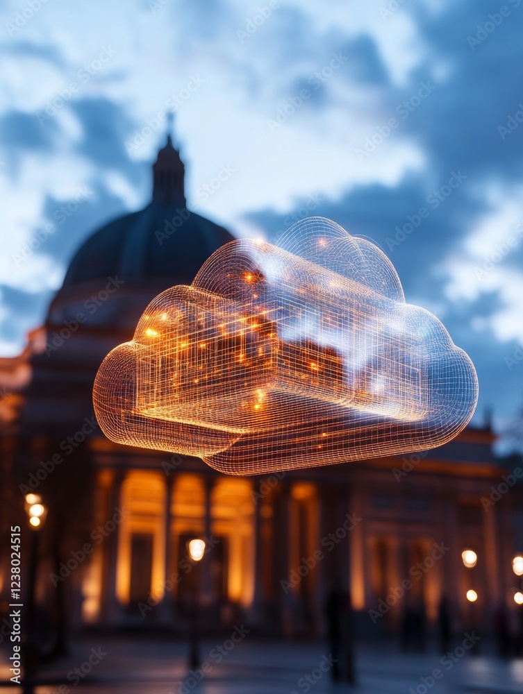 Poster Futuristic Digital Cloud Illuminated Node Graph Above Architectural Backdrop - Tech Network Visualization for Innovative Business and Connectivity Solutions