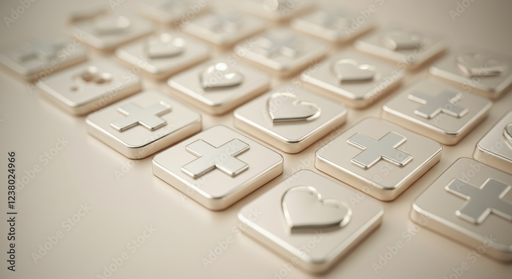 Aufkleber minimalist iconography in creamy metallics heart and cross symbols for health and wellness apps - mo