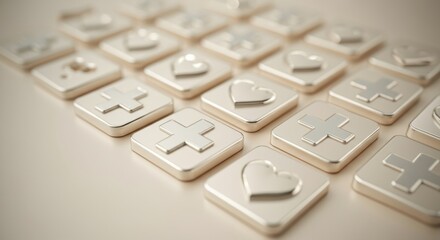 Minimalist Iconography in Creamy Metallics Heart and Cross Symbols for Health and Wellness Apps - Modern UX Design and Digital Interface Innovation