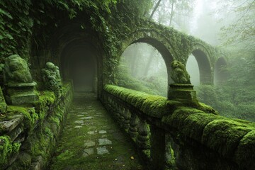 Moss-covered stone bridge and arches in enchanted foggy forest setting