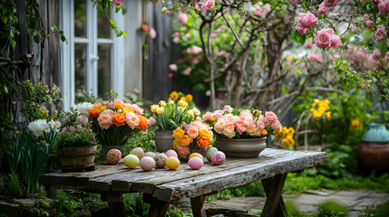 Obraz premium A picturesque cottage garden overflowing with blooming roses, peonies and daffodils, accented by artfully arranged Easter eggs resting on a rustic wooden table beneath flowering vines