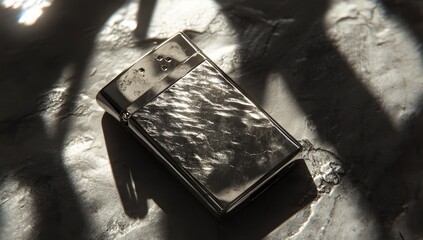 Close-up of a silver textured lighter on a textured surface with dramatic lighting.