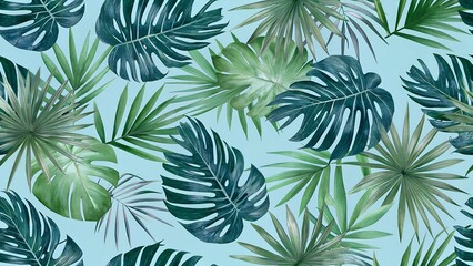 Fototapeta premium Vibrant foliage pattern featuring tropical leaves on a light blue background