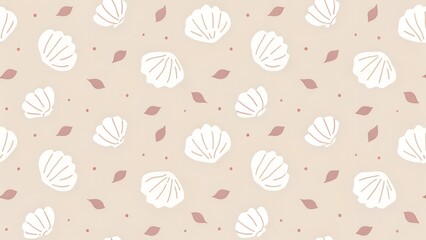 Seashell pattern on a soft beige background with decorative elements and copy space