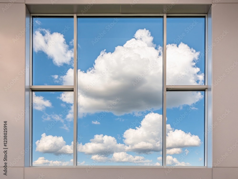 Poster Contemporary Skylight Window Design Sleek Metal Frame with Puffy Clouds View - Architectural Innovation for Modern Workspace Aesthetics and Natural Light Optimization