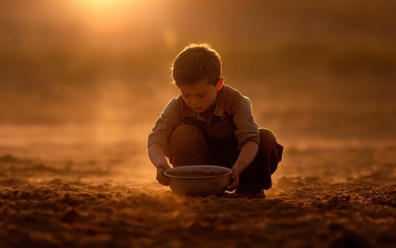 A boy crouched in a dusty field, his body low to the ground, holding a bowl with one hand while the other hand gathers soil. 