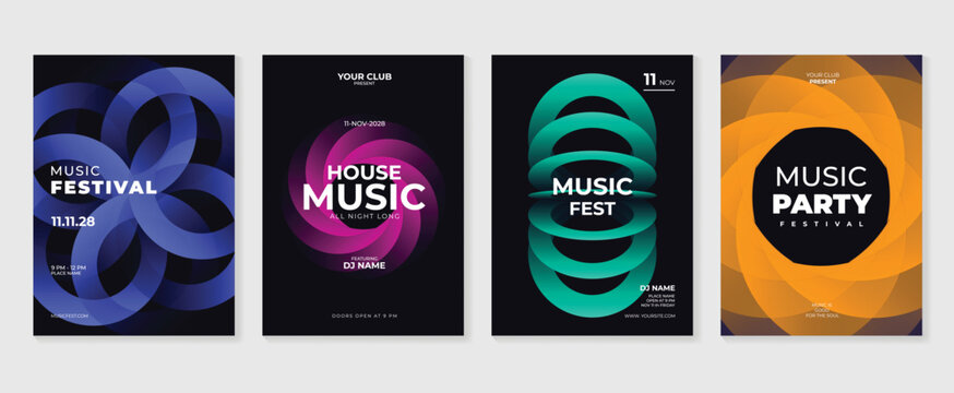 Music poster design background vector set. Electro Sound Cover template with vibrant abstract gradient geometric shape. Ideal design for social media, flyer, party, music festival, club.