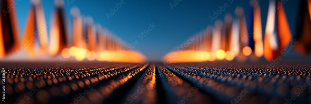 Poster illuminated flag corridor modern diplomatic pathway in global business setting - reflective material