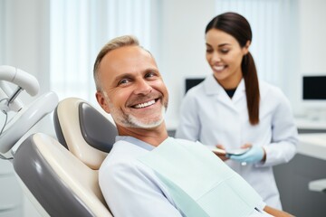 Fototapeta premium Mature man smiling during dental checkup with dentist holding tablet in background
