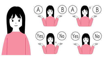Illustration set of upper body of a young girl making a choice.