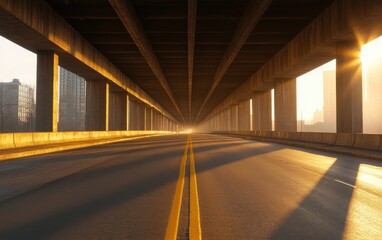 A wide-angle view of a highway beneath a bridge in New York, during the early morning hours. The empty road has a soft mist around the concrete pillars