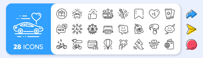 Electric bike, Calendar and Bus travel line icons. Interest rate, AI generate, Inflation icons. Pack of Sleep, Elephant on ball, Fireworks rocket icon. Vector
