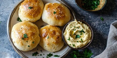 Pita slices served with hummus. Delicious Freshly Baked Flatbreads on a Plate and Hummus. Healthy snack. Middle Eastern Mediterranean traditional lunch. Vegan food. Lavash, chapati, naan, tortilla