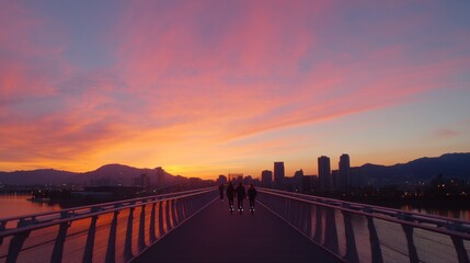 Fototapeta premium Sunset E-Scooter Journey Urban Bridge Adventure with Friends in Vibrant Hues - Promoting Sustainable Commuting for Green City Development and Eco-Tourism Marketing