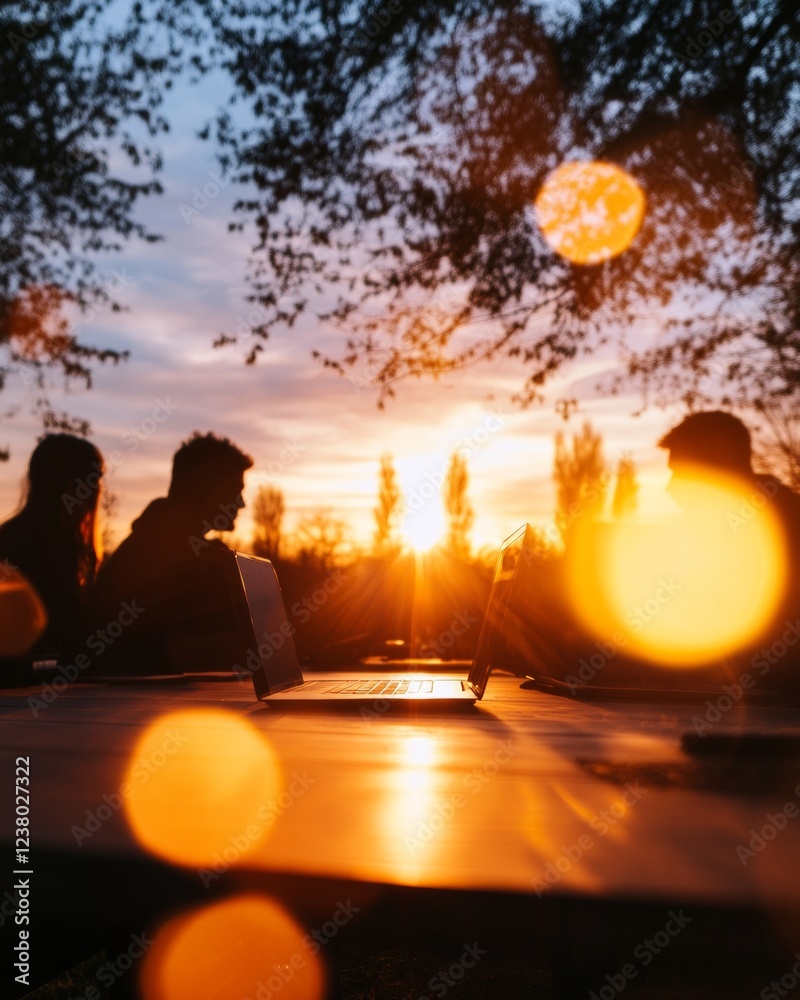 Poster sunset silhouette study laptops and notebooks on wooden table with warm lighting - collaborative edu
