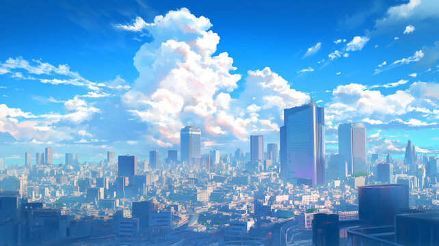 近未来都市の空｜クリアな青空と高層ビル群