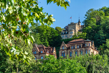 Old traditional villas in Tübingen seen through tree branches in summer