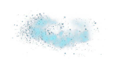 Fantastic blue smoke background. Blue spice powder explosion, spice splash, Magic smoke with glitter and small particles, fog with glowing particles, blue steam. PNG.