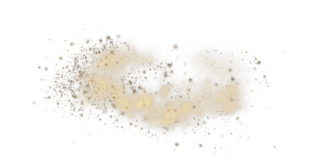 Fantastic yellow smoke background. Yellow spice powder explosion, spice splash, Magic smoke with glitter and small particles, fog with glowing particles, yellow steam. PNG.