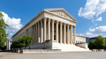 Stunning architectural columns rise majestically against a bright blue sky with sun rays adding warmth and depth to the scenery