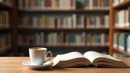 Book Mockup with Coffee, Library background open book cappuccino photorealistic no blur