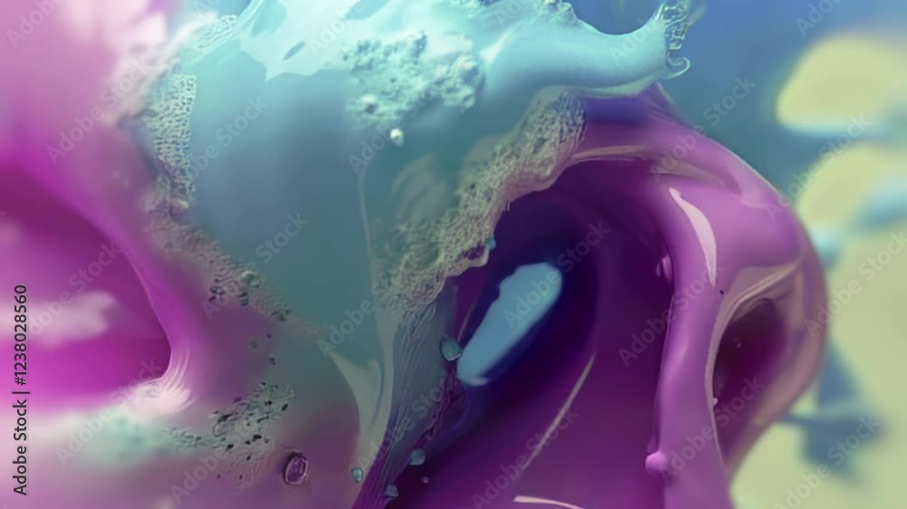 Poster Rich animation with bright pink and blue streams of viscous liquid. Smooth, glossy shapes come to life and realistic splashes add dynamism