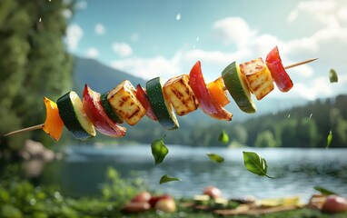 Flying grilled vegetable skewer with halloumi cheese on a lakeside picnic background