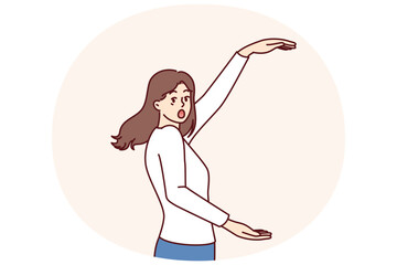 Shocked woman spreading arms wide and looking at screen demonstrating huge discounts for shopping on black friday. Girl in casual clothes is surprised to learn about big discounts in mall