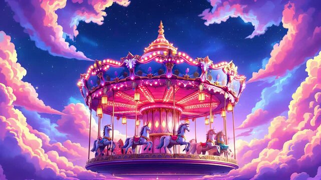 A carousel with horses and butterflies flying around it